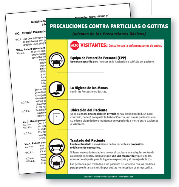 Droplet Precautions Sign, Spanish only Brevis